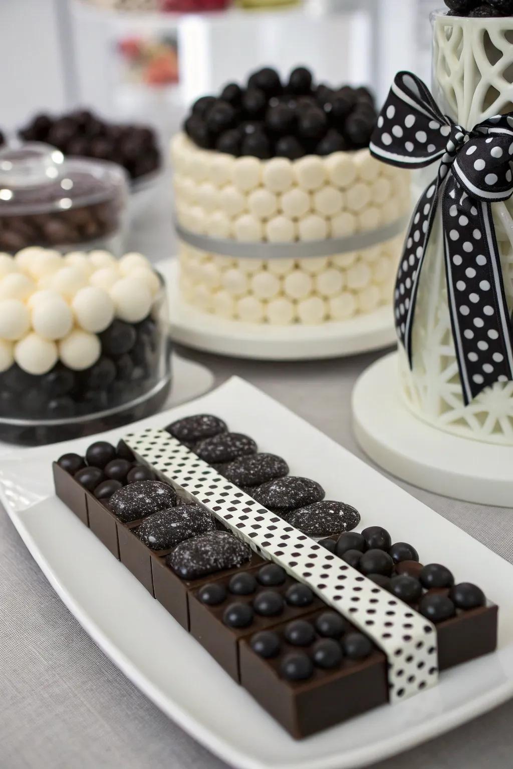 A sophisticated monochrome candy bar featuring black and white tones.