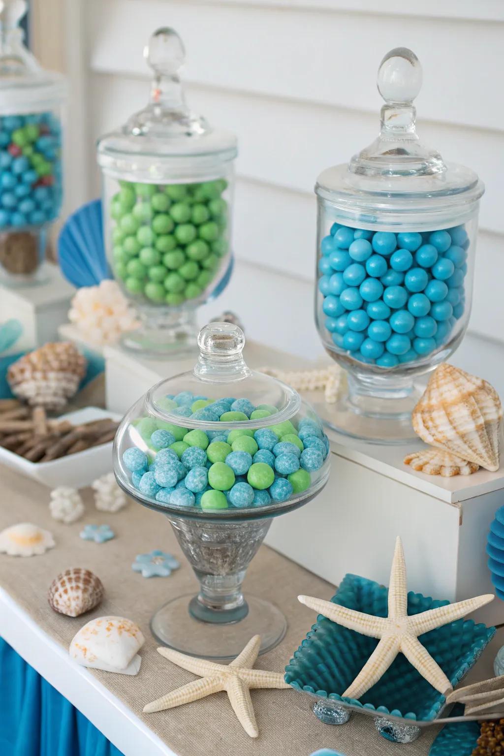 A seaside-inspired candy bar featuring oceanic colors and beach motifs.