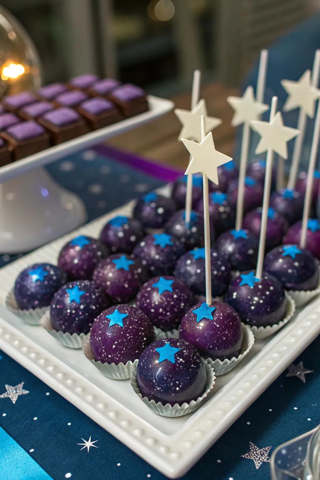 A cosmic-themed candy bar featuring deep purples and sparkling stars.