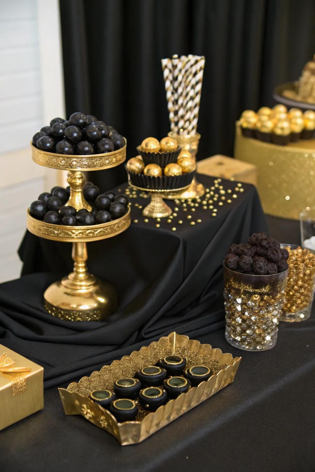 An elegant candy bar featuring black and gold accents for a glamorous look.