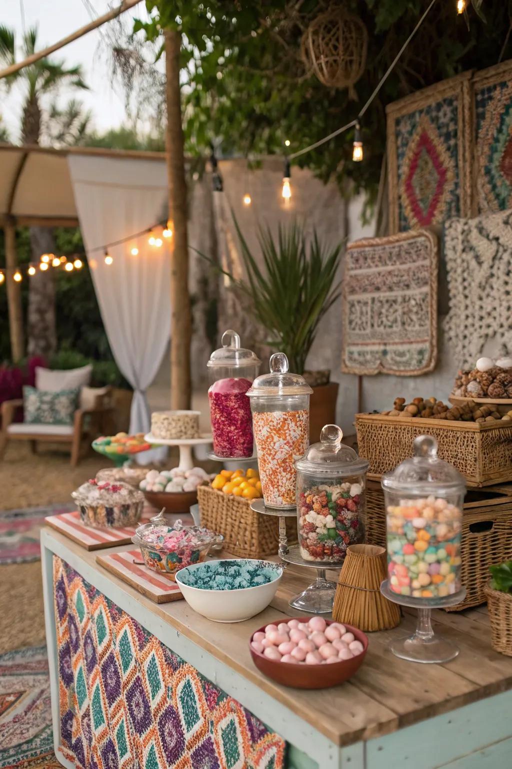 A boho-inspired candy bar featuring eclectic patterns and vibrant colors.
