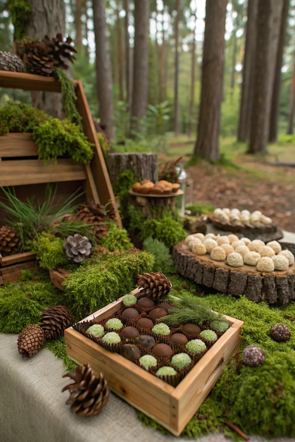 A forest-inspired candy bar featuring natural elements like moss and pinecones.