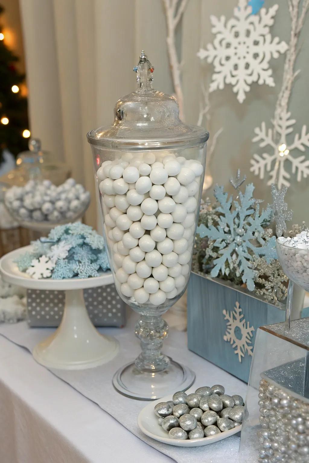 A frosty candy bar decorated with icy blues, whites, and snowflake motifs.