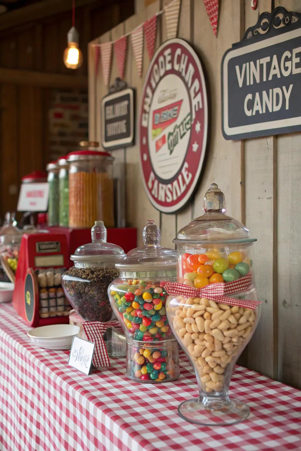 A retro-inspired candy bar featuring classic sweets and vintage decor.