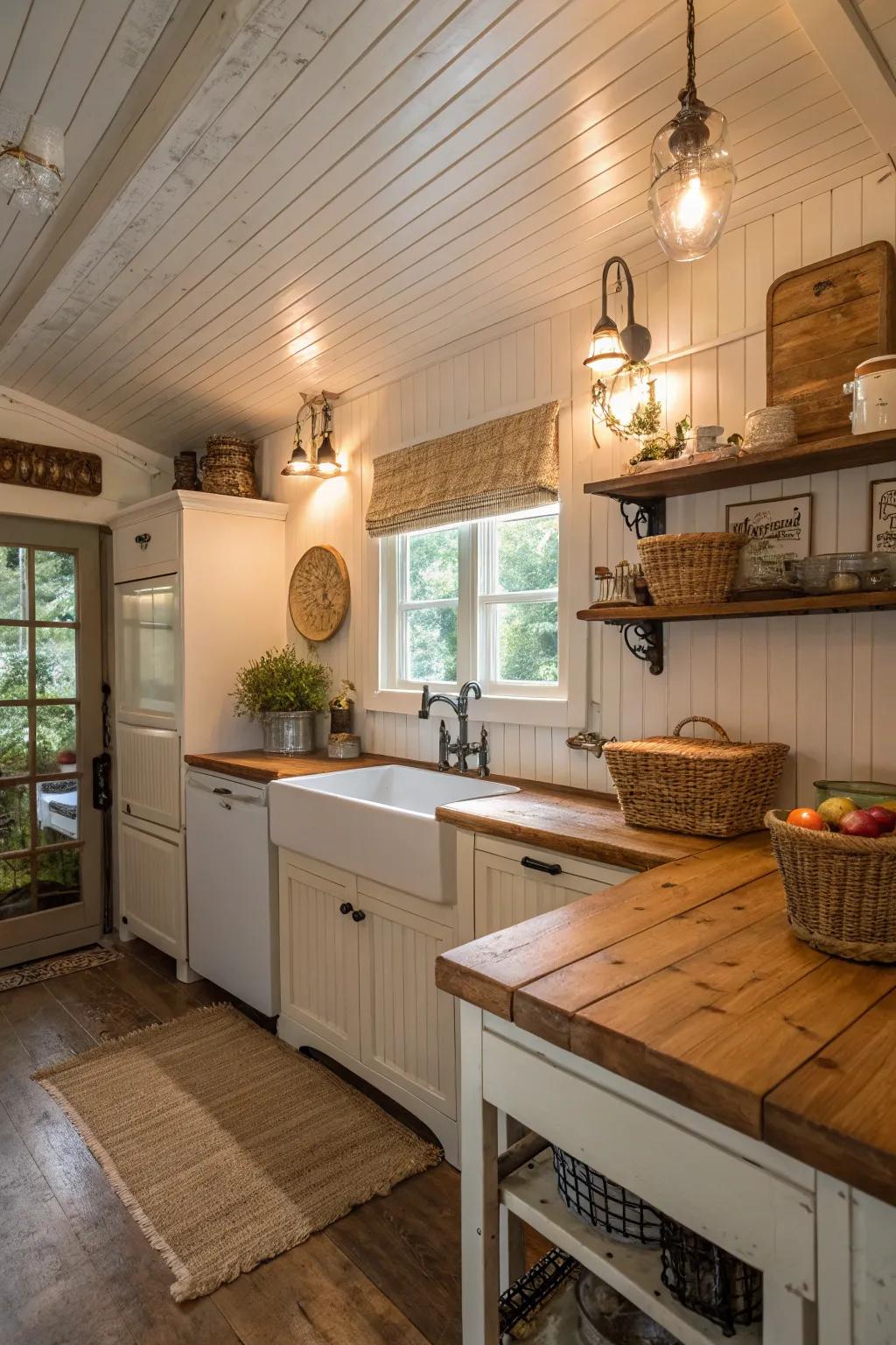 Rustic charm with beadboard ceiling panels.
