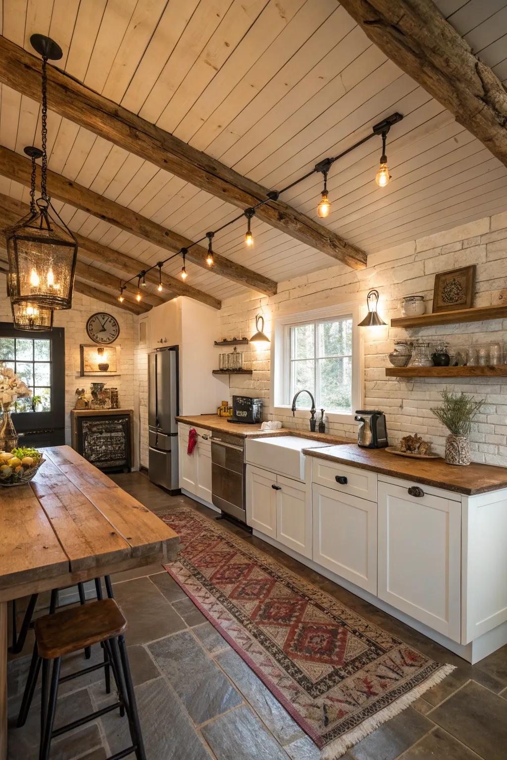 Modern kitchens enhanced by shiplap ceilings.