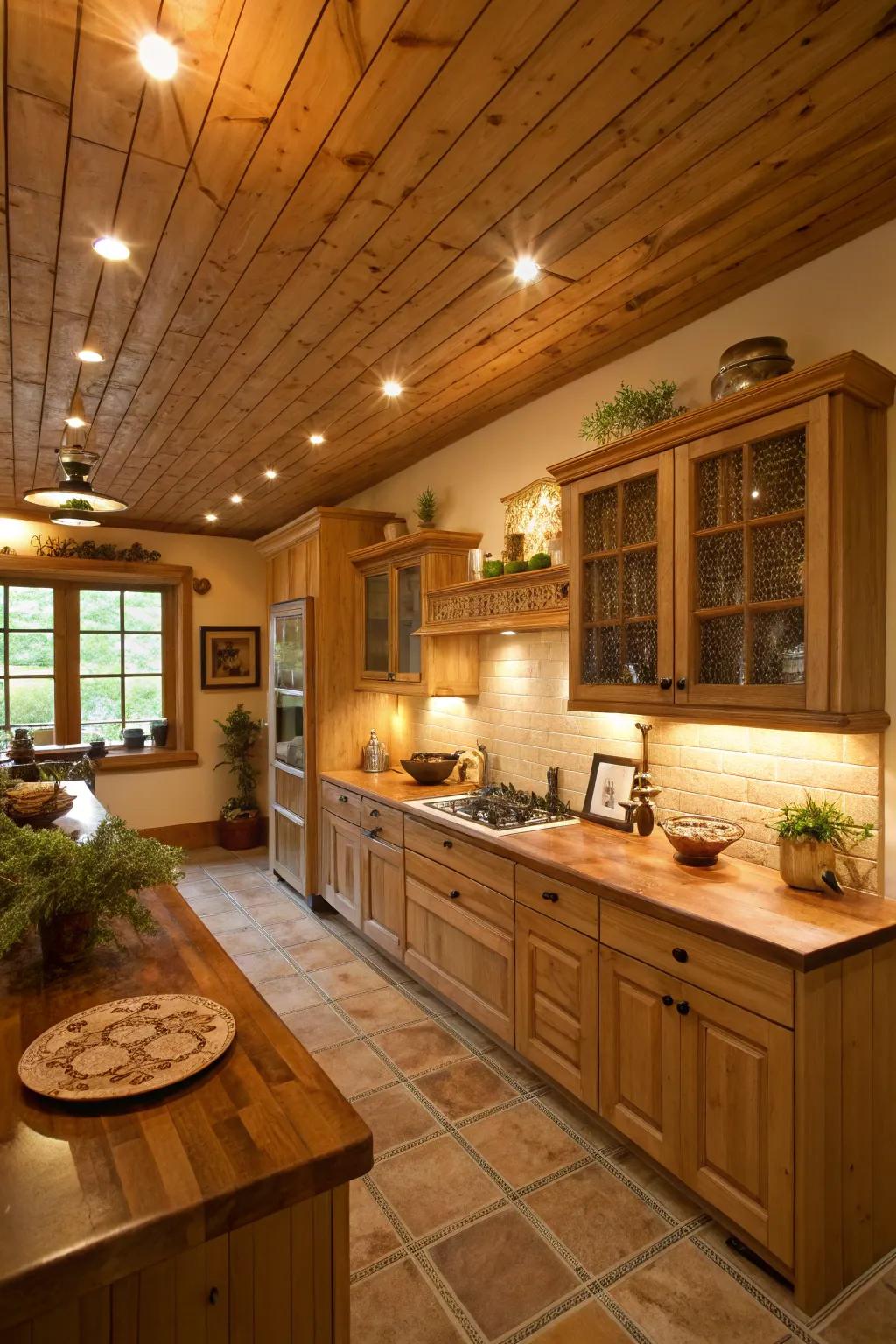 Wood-paneled ceilings bring warmth to kitchens.