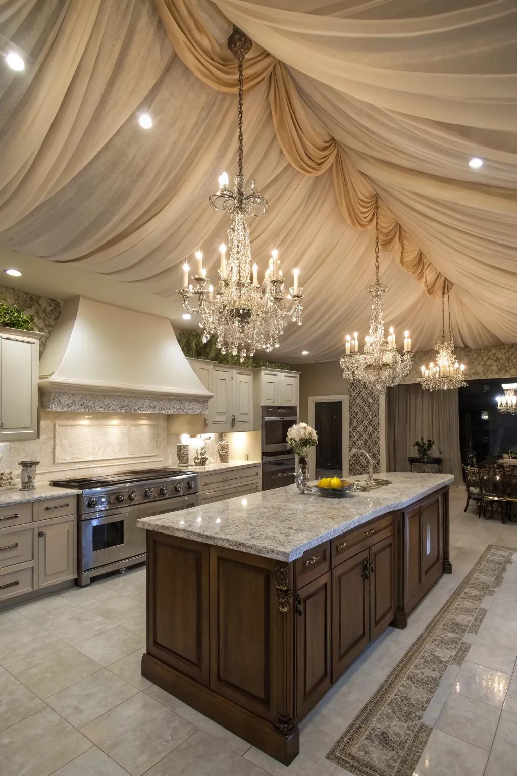 Create a lavish atmosphere with fabric-draped ceilings.