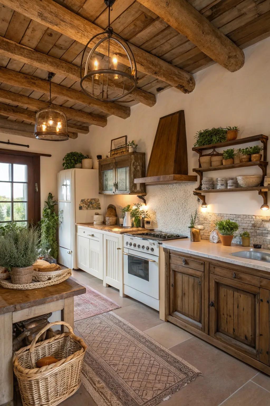 Exposed wood beams add rustic charm to kitchens.