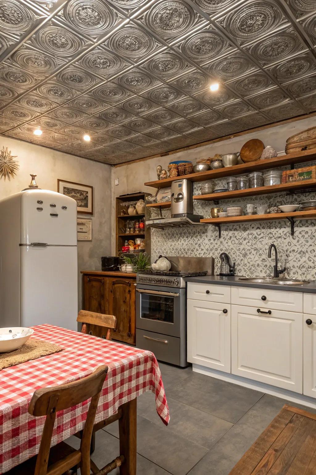 Metal ceiling tiles add vintage industrial charm.