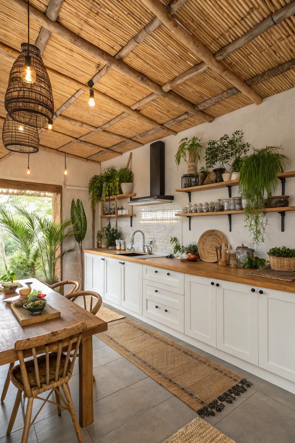 Eco-friendly bamboo ceilings add natural beauty.