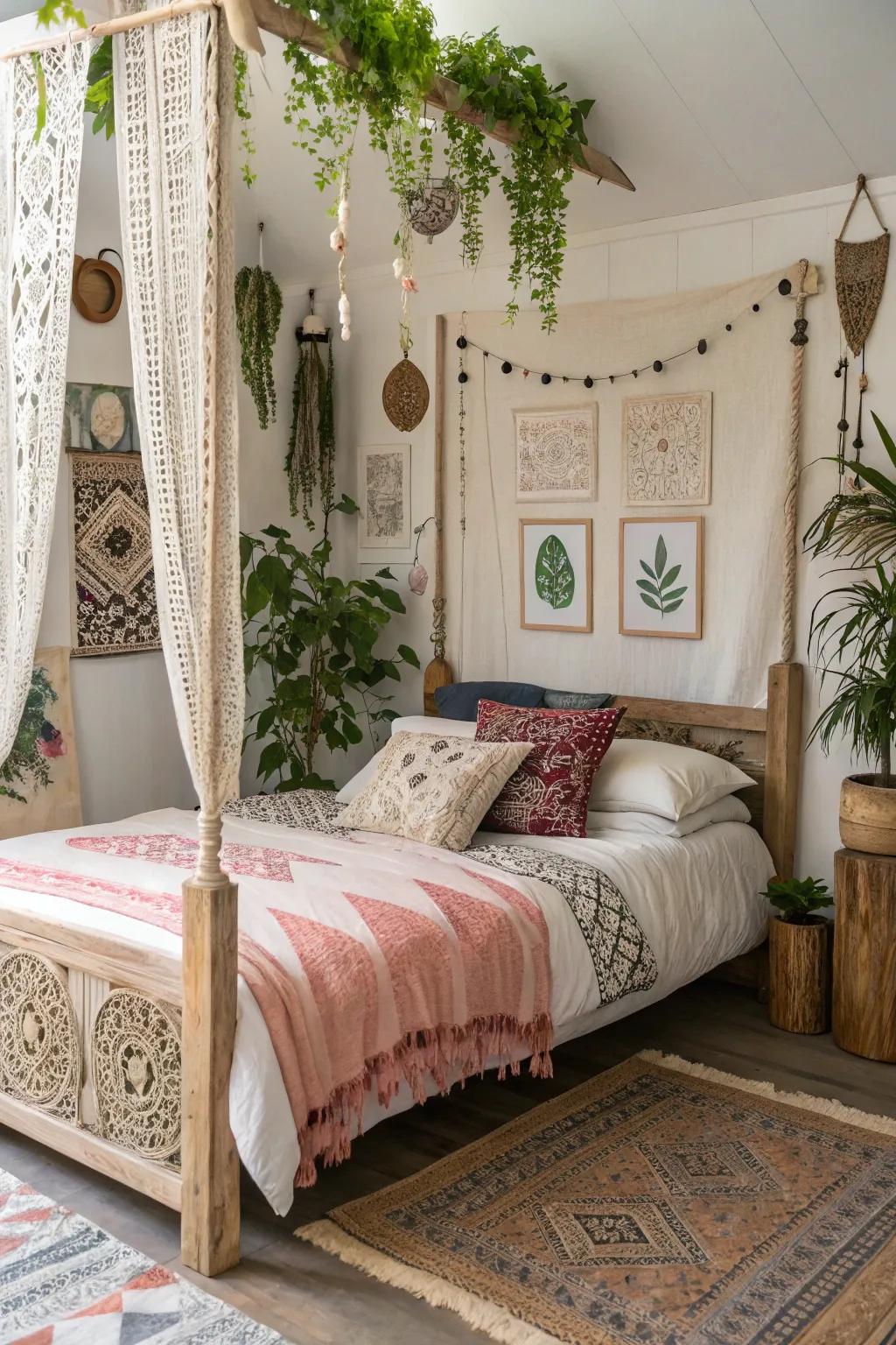 A bohemian bed frame creating a relaxed, artistic vibe.