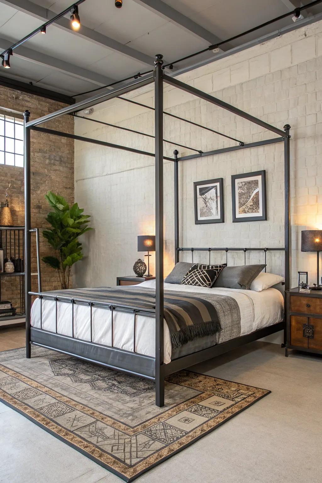 An industrial metal bed frame with a bold, modern look.