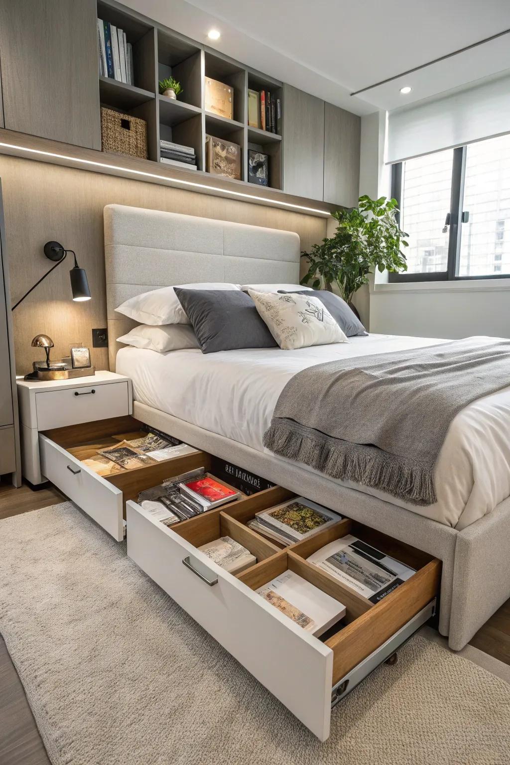 A bed frame with built-in storage drawers for organization.