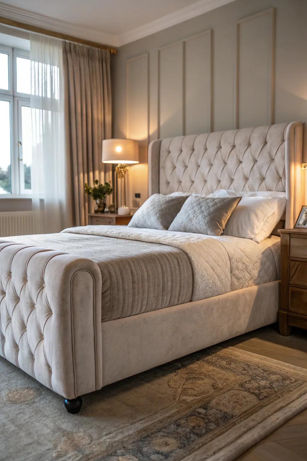 An upholstered bed frame offering comfort and elegance.