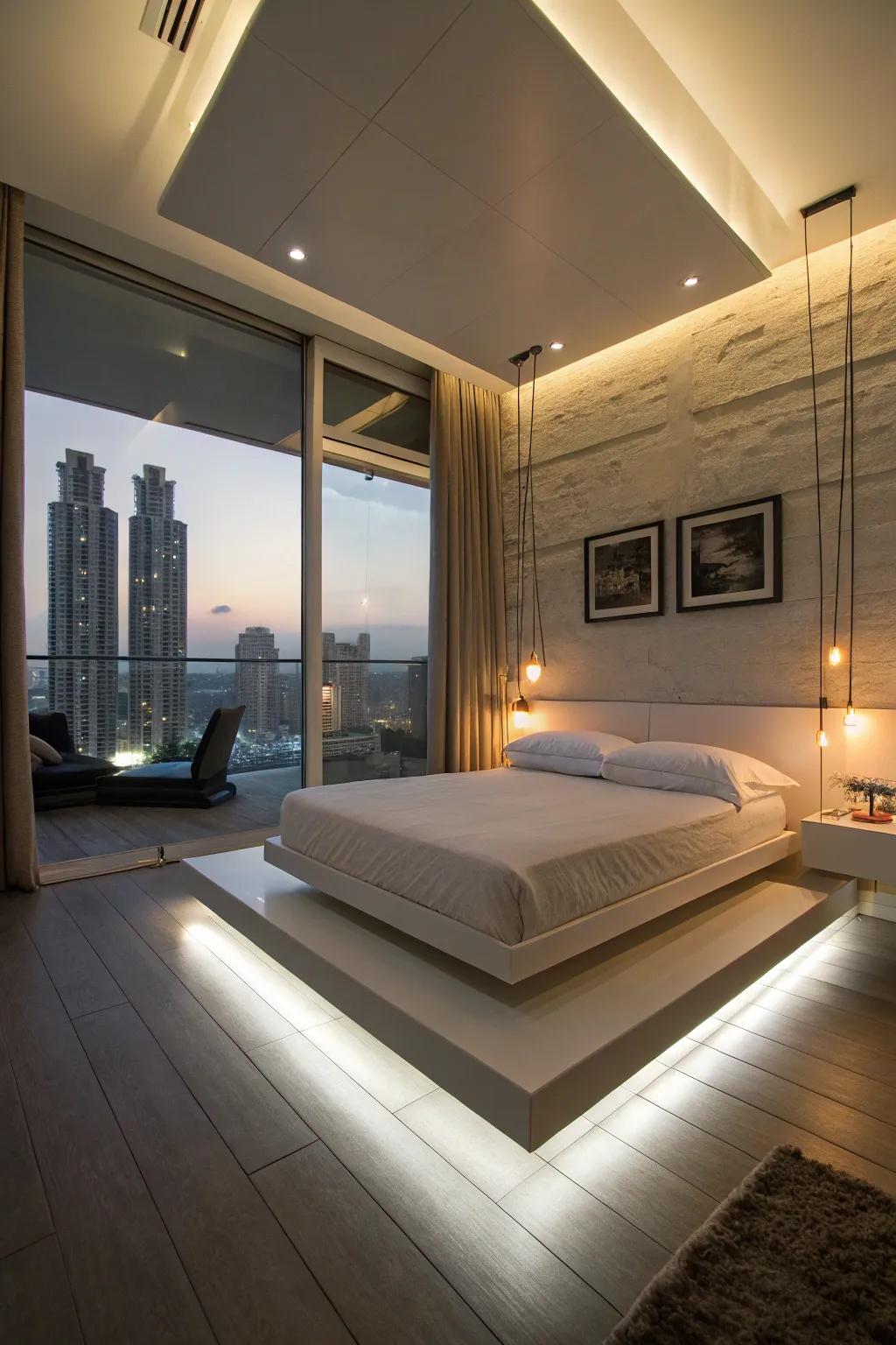 A floating bed frame creating a futuristic bedroom atmosphere.
