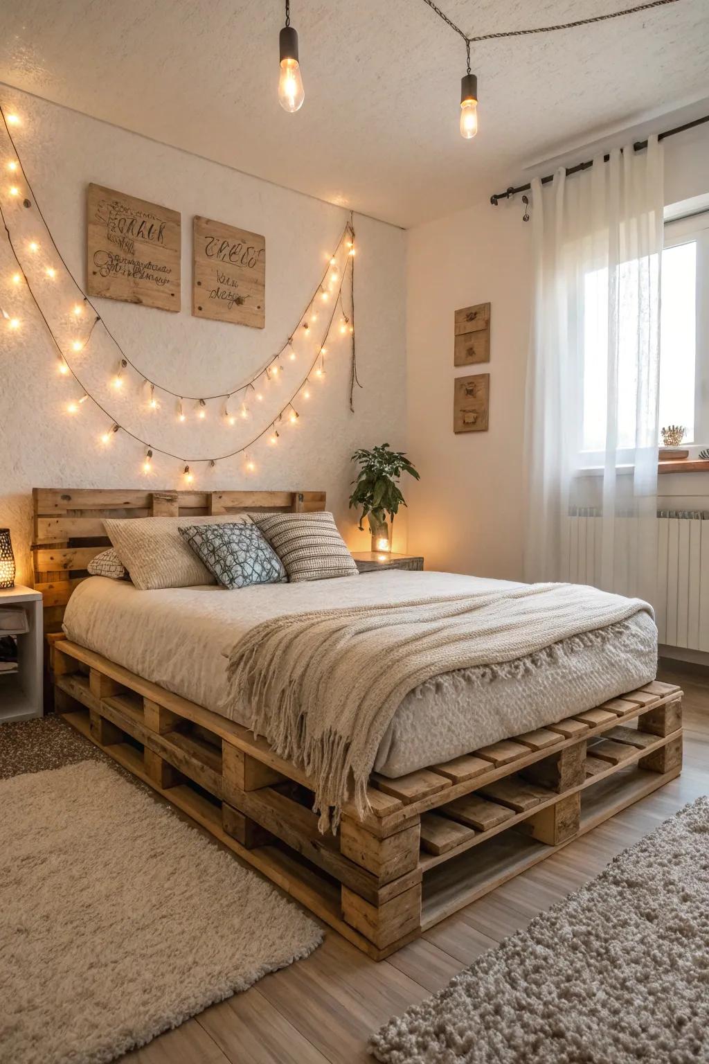 A rustic pallet bed frame adding warmth and character.