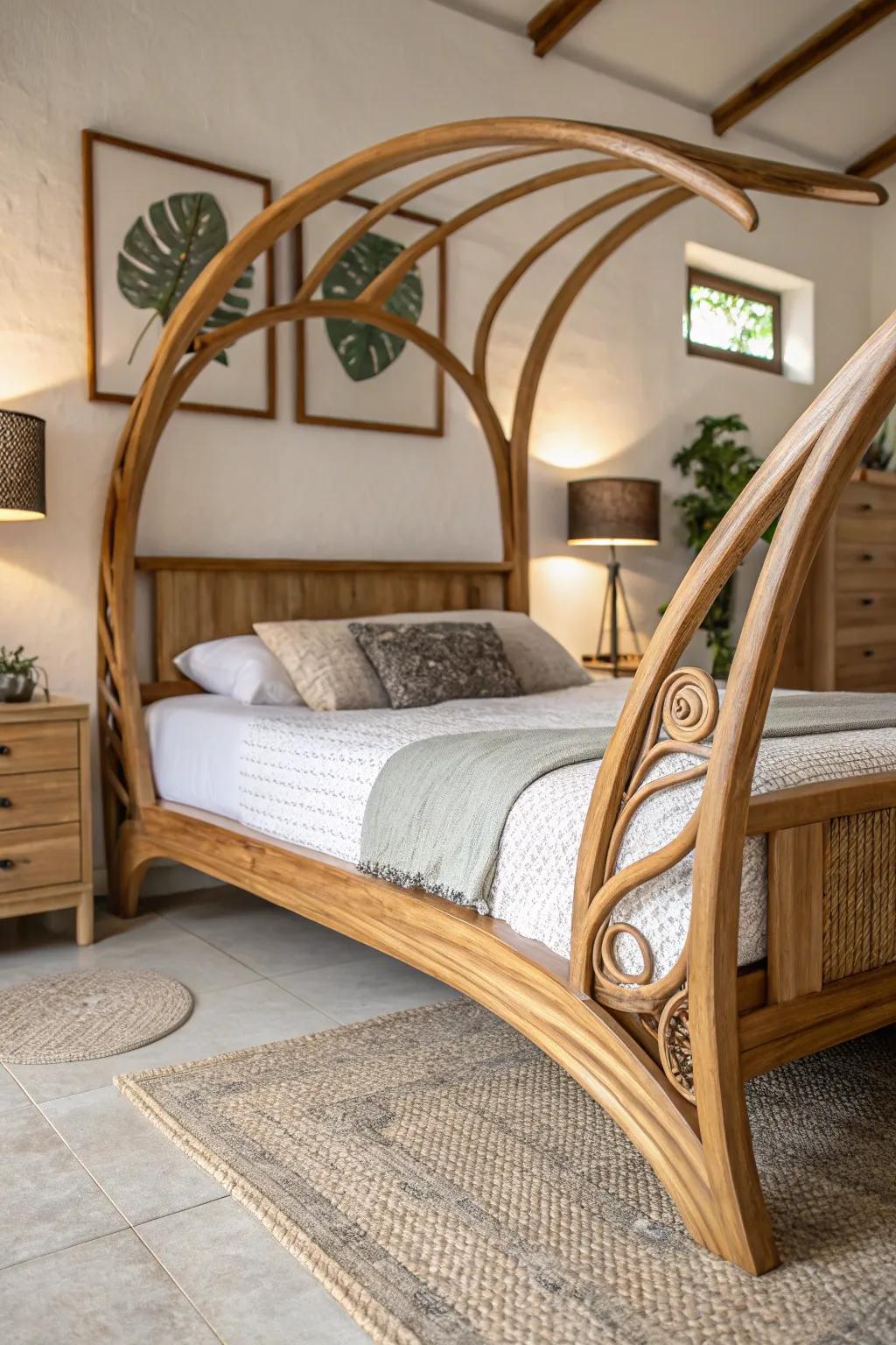 A bed frame with flowing organic shapes for a harmonious feel.
