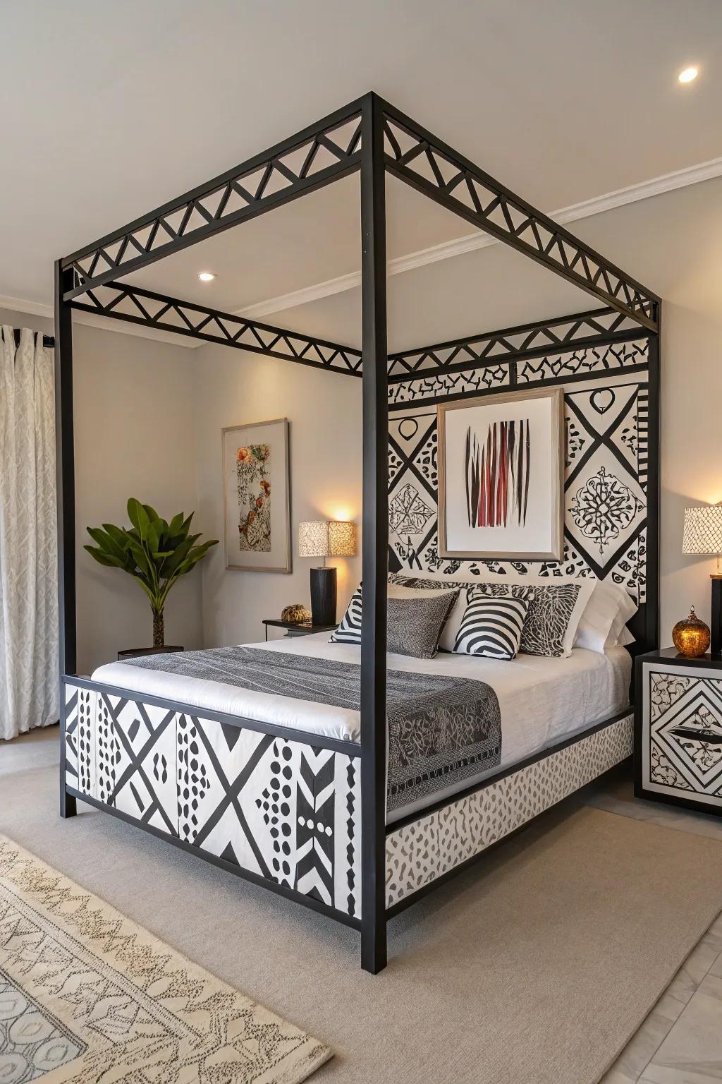 A geometric bed frame with artistic modern design.