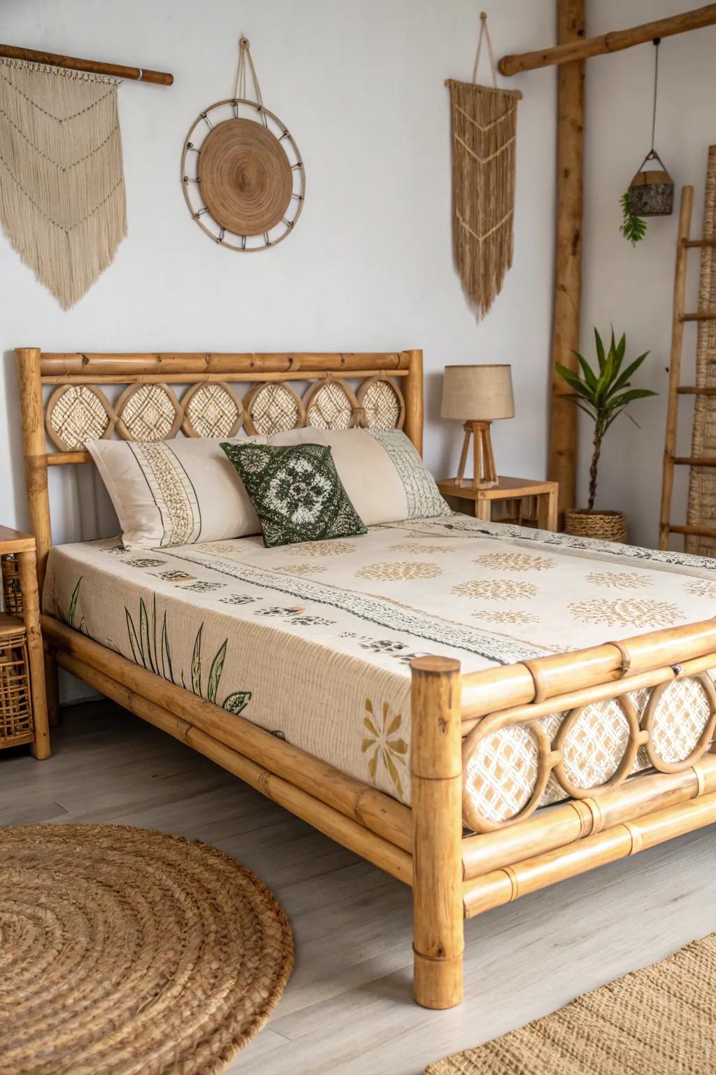 A bamboo bed frame combining sustainability and elegance.