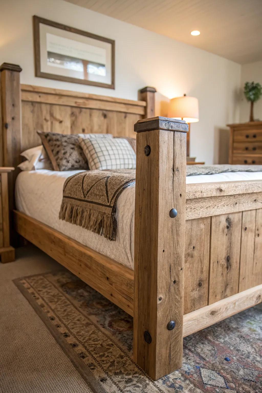 A reclaimed wood bed frame with farmhouse charm.