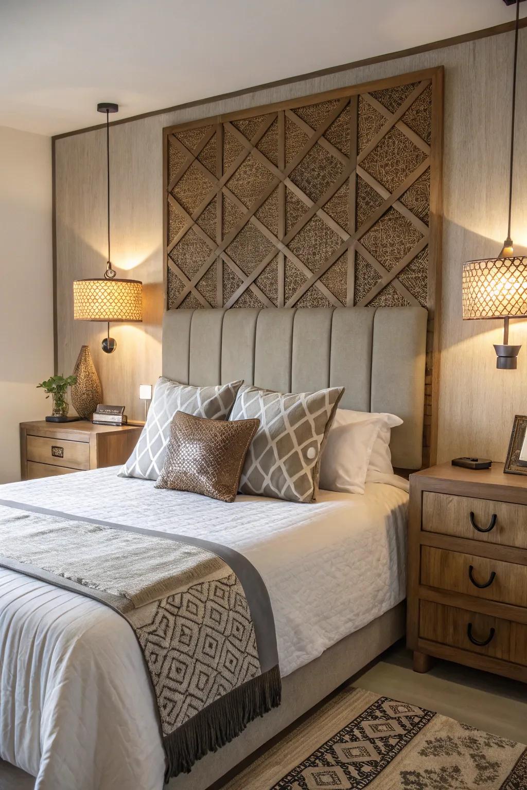 A unique headboard serving as a bedroom focal point.
