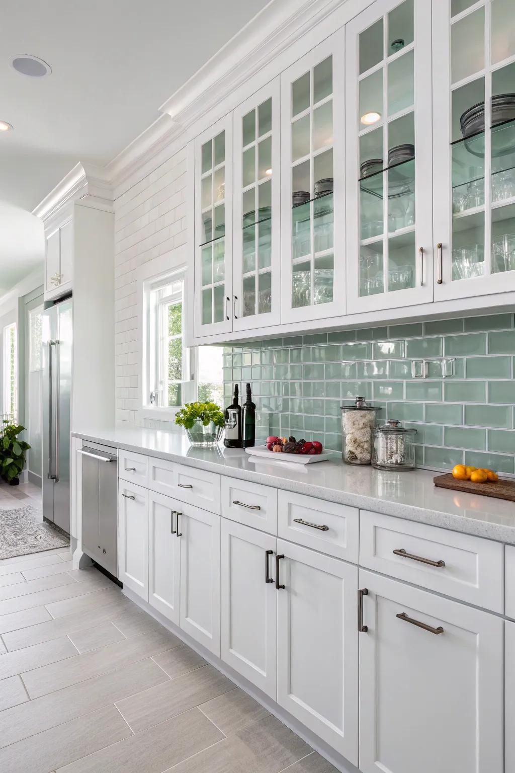 Crystal brick tiles reflecting light to brighten kitchens with white cabinets.