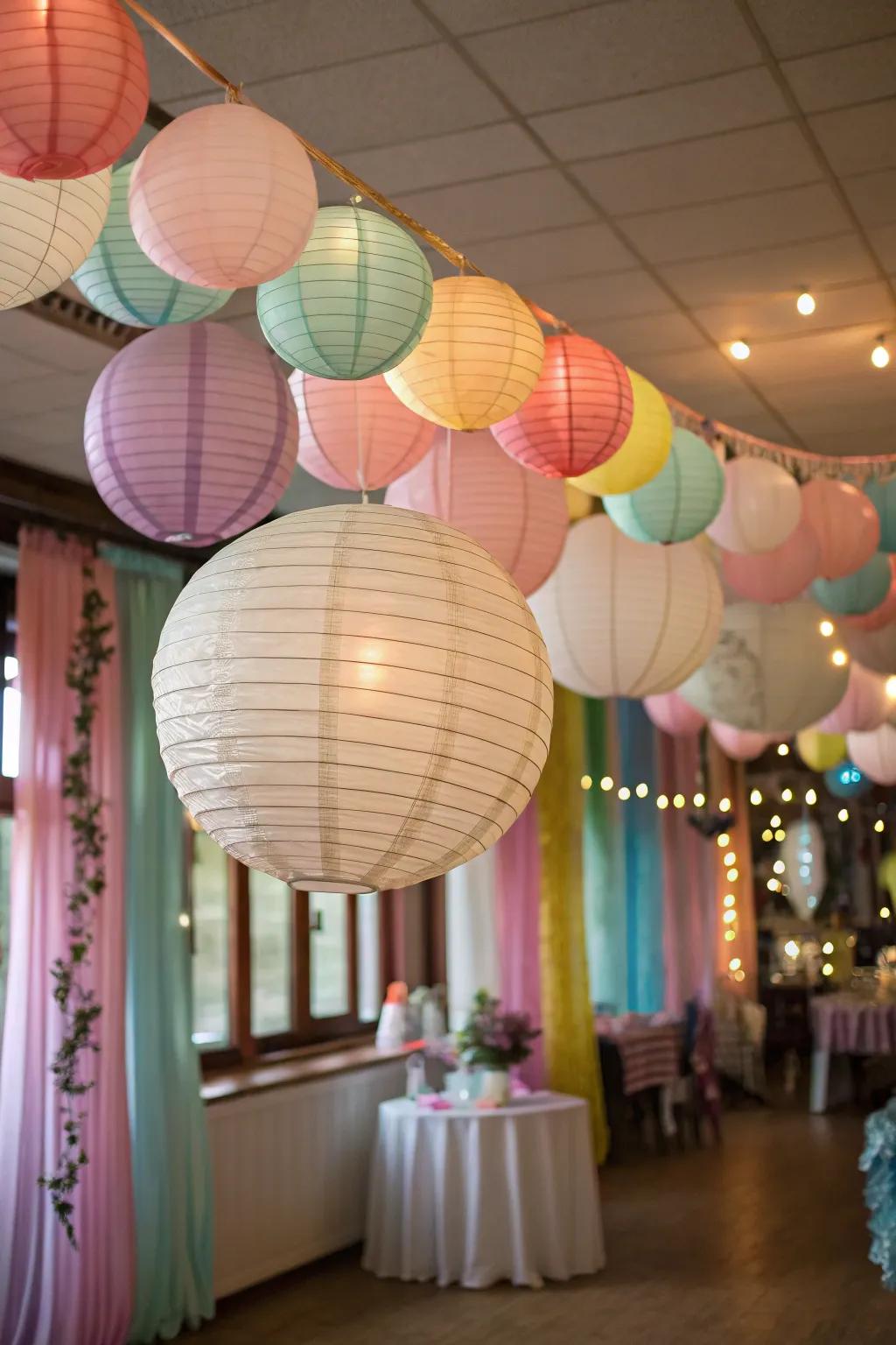 Colorful paper lanterns adding a playful vibe.