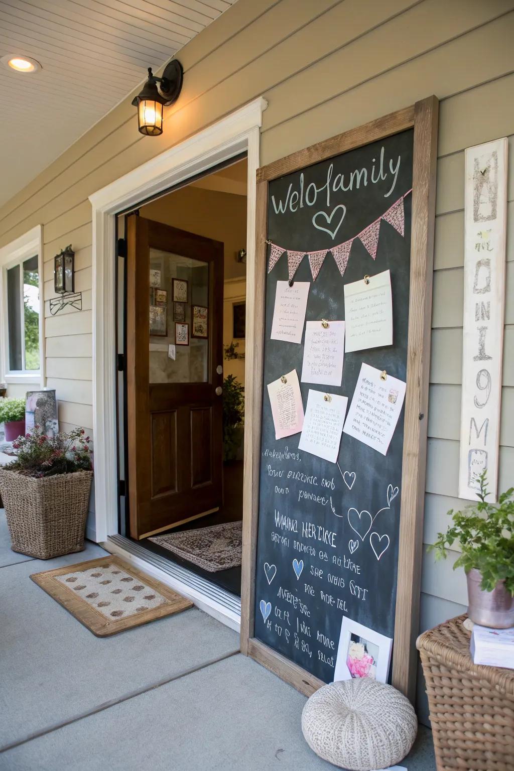 A chalkboard adding a fun and personal element to the entrance.