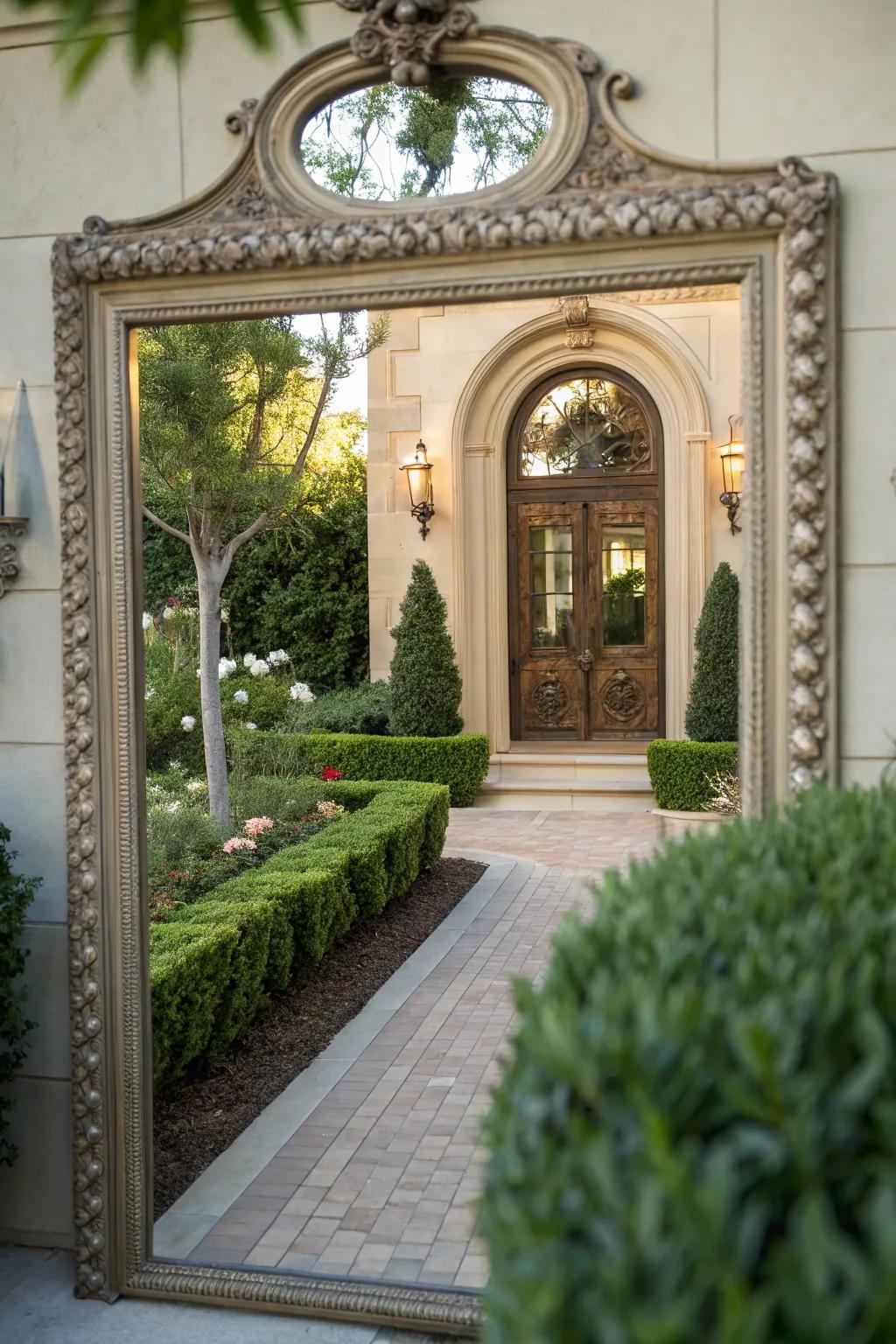 An ornamental mirror adding depth and sophistication to the entrance.