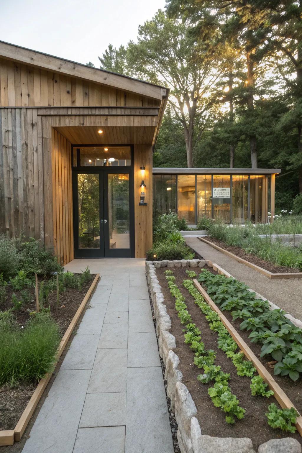 Sustainable elements adding freshness and responsibility to the entrance.