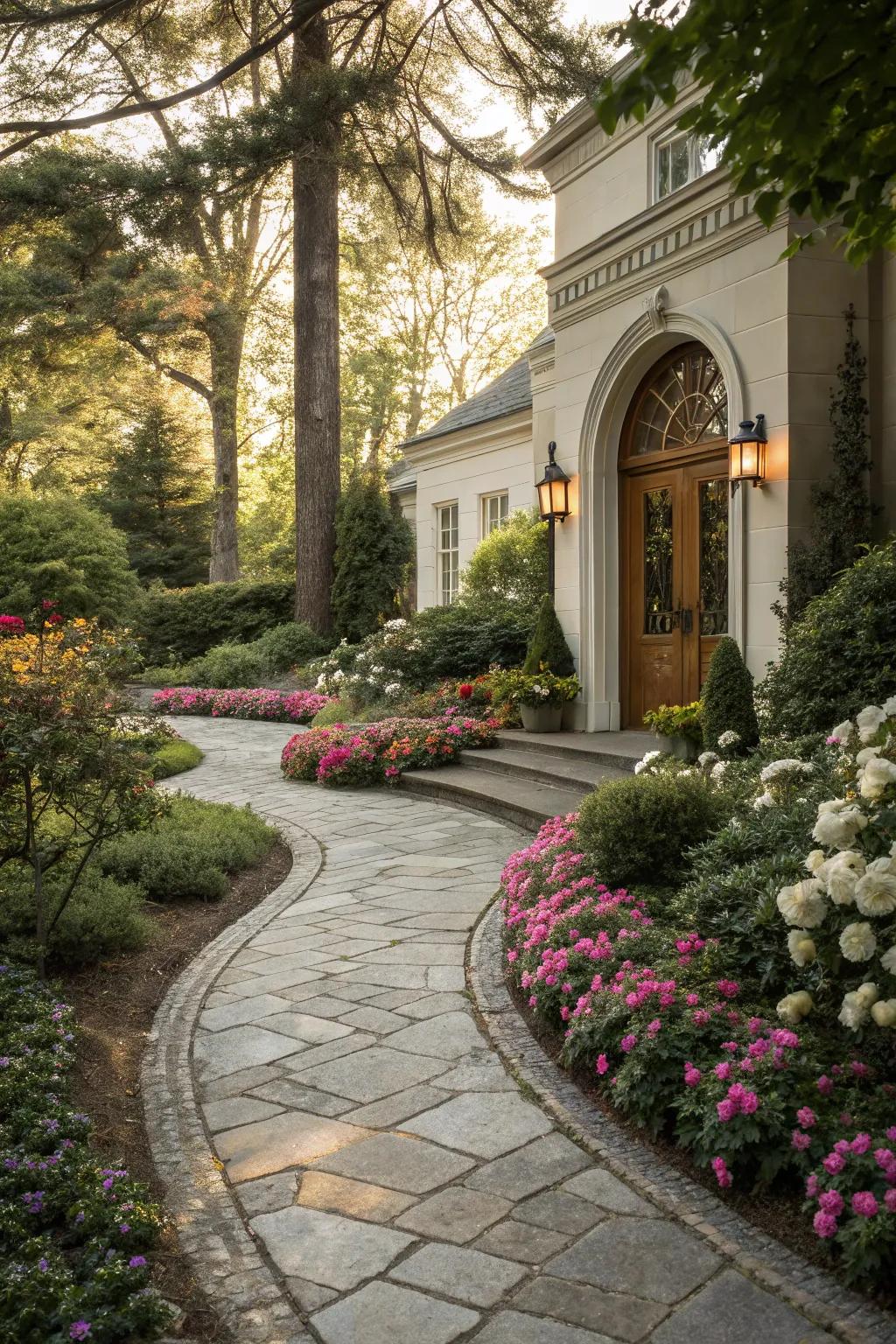 A charming stone path leading visitors to the front door.