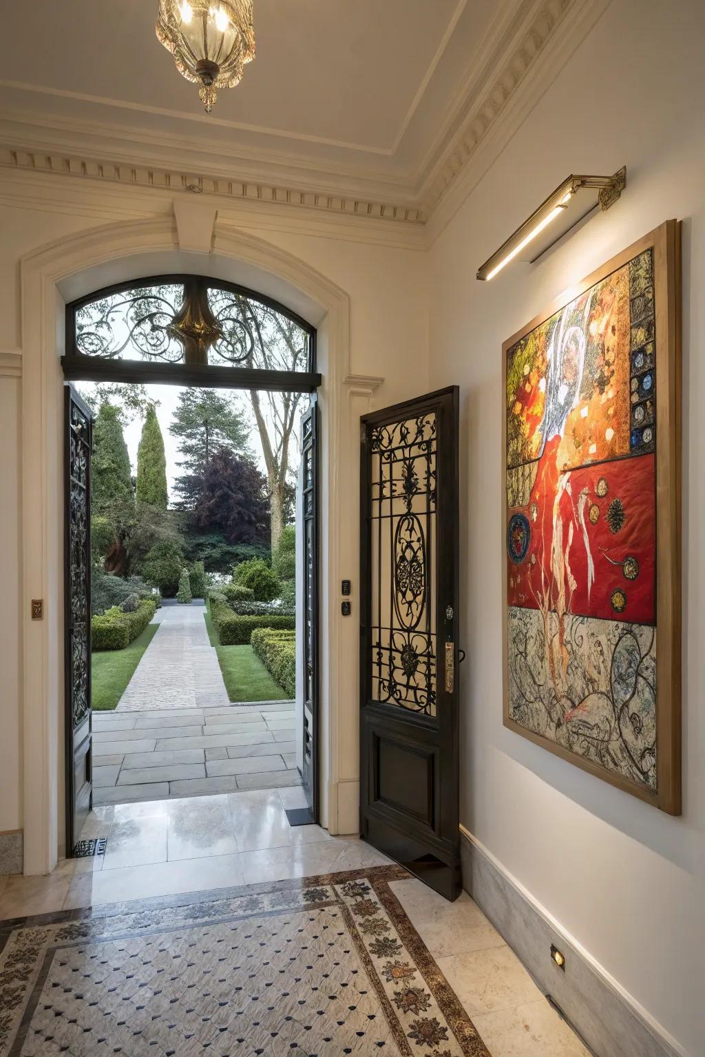 Bold artwork that adds character and intrigue to the entrance.