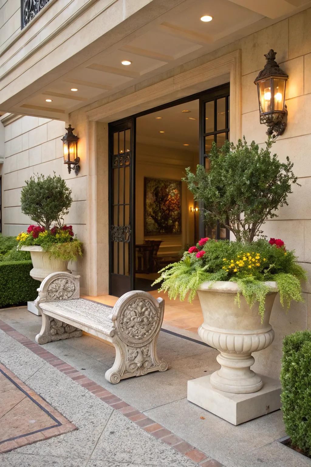 Artistic sculptures that make the entrance visually striking.