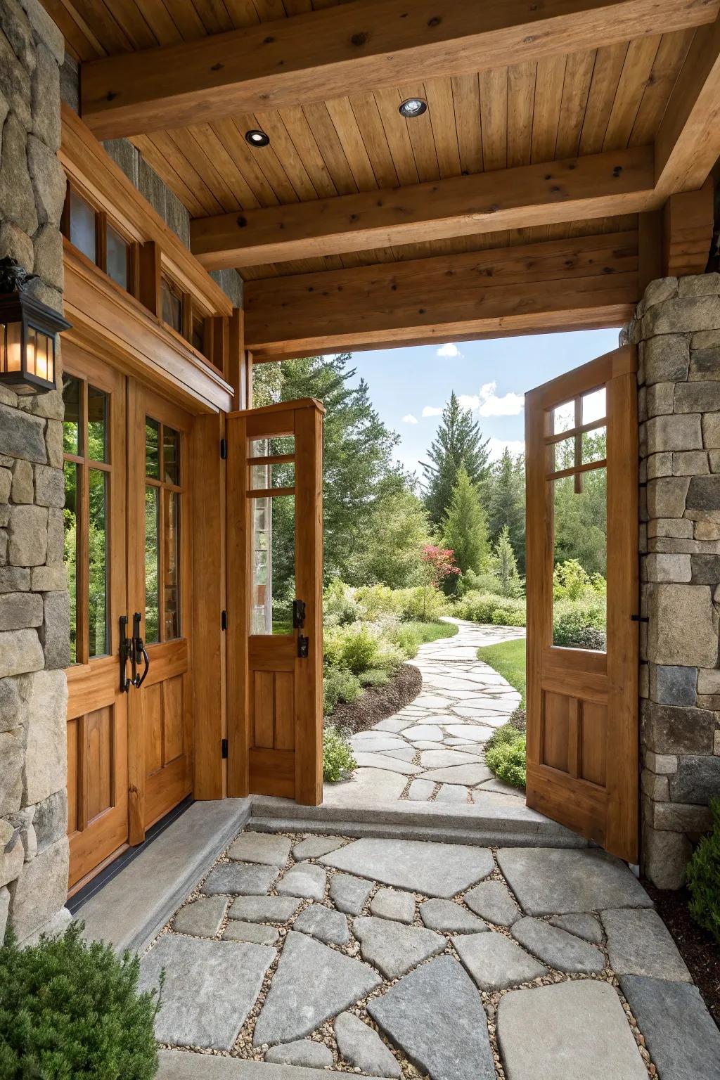 Natural wood and stone elements adding warmth to the entrance.