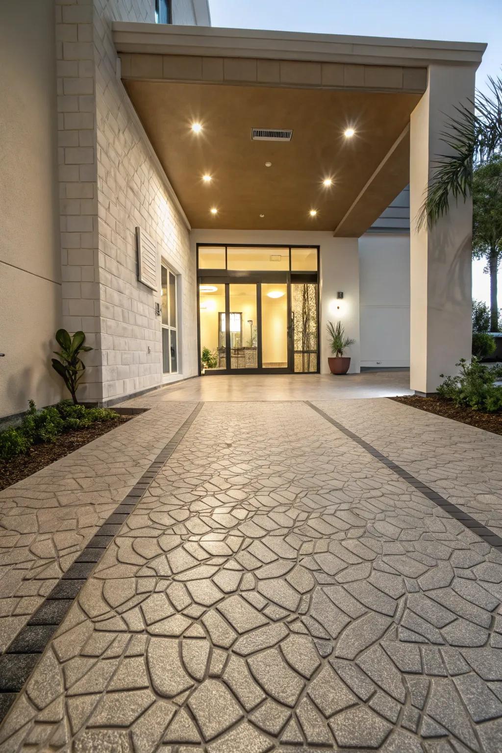 Unique textured flooring adding style and character to the entrance.