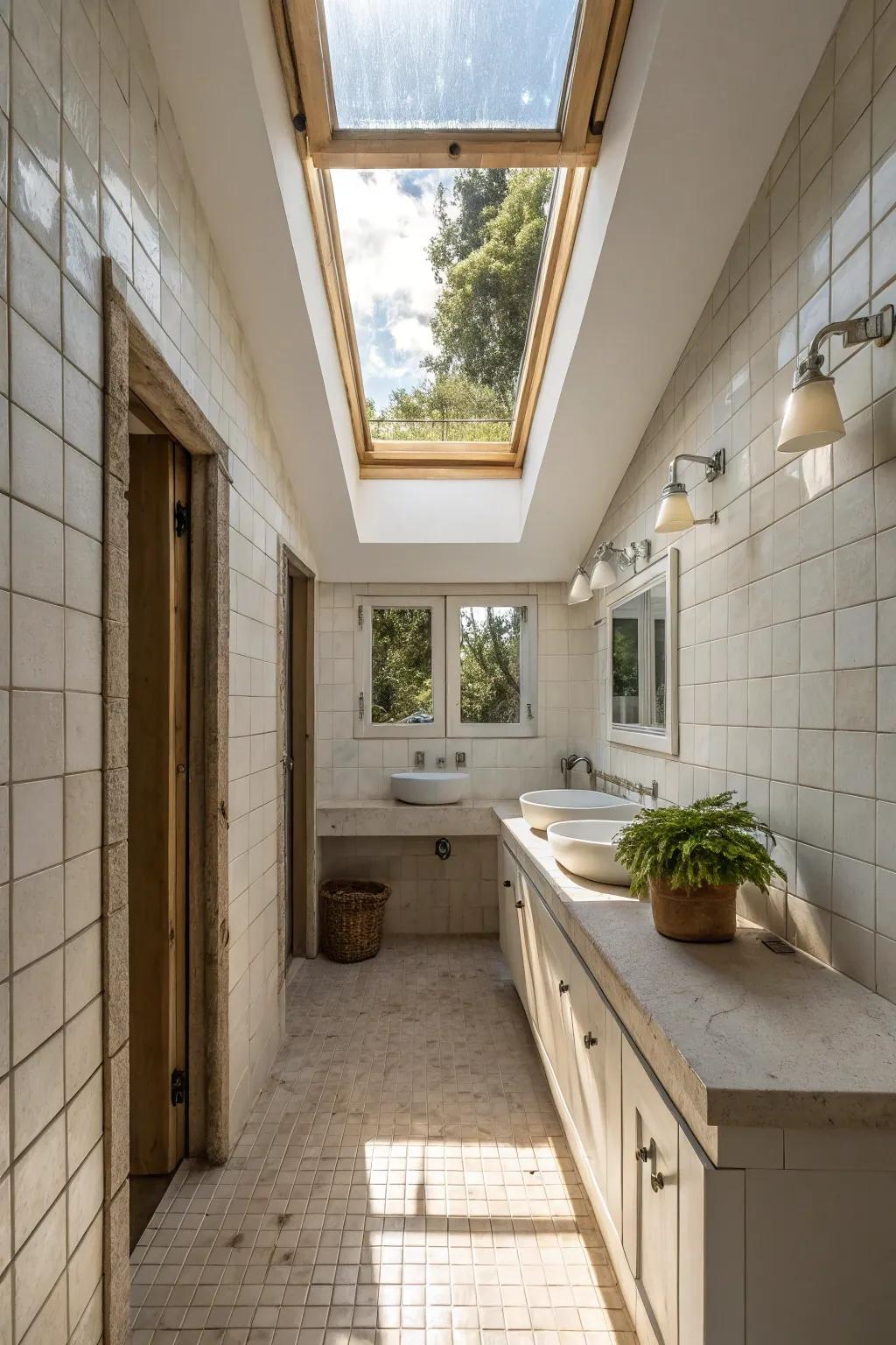Skylights introduce natural light and elegance to narrow bathroom spaces.