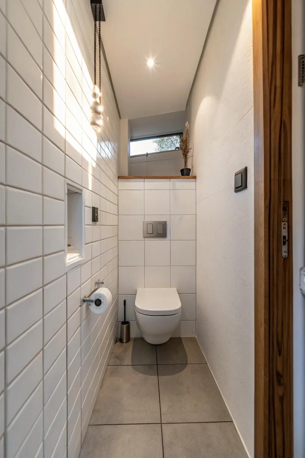 Wall-mounted toilets create a clean and spacious bathroom environment.