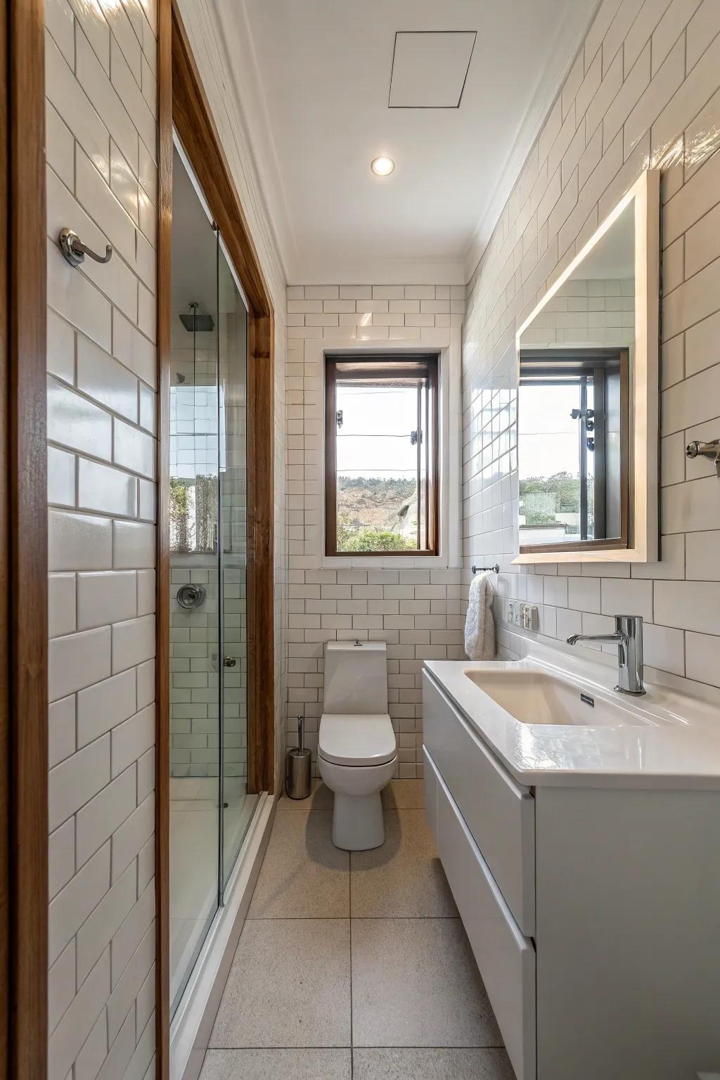 Expansive mirrors create an illusion of space in narrow bathrooms.
