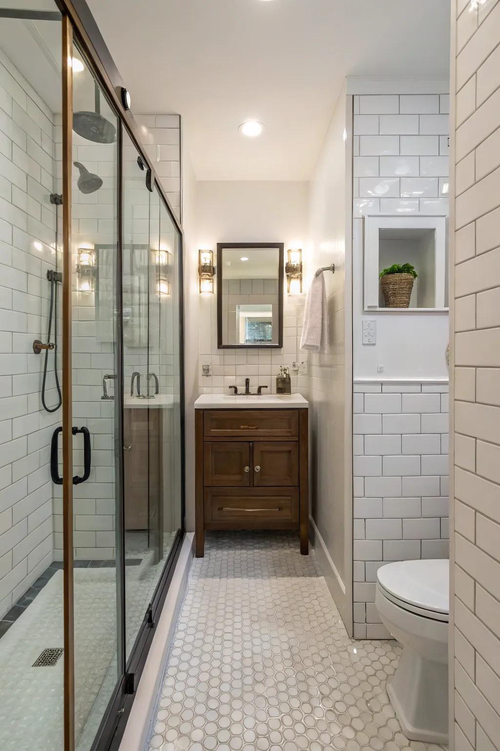 Walk-in showers offer a spacious and luxurious vibe in small bathrooms.