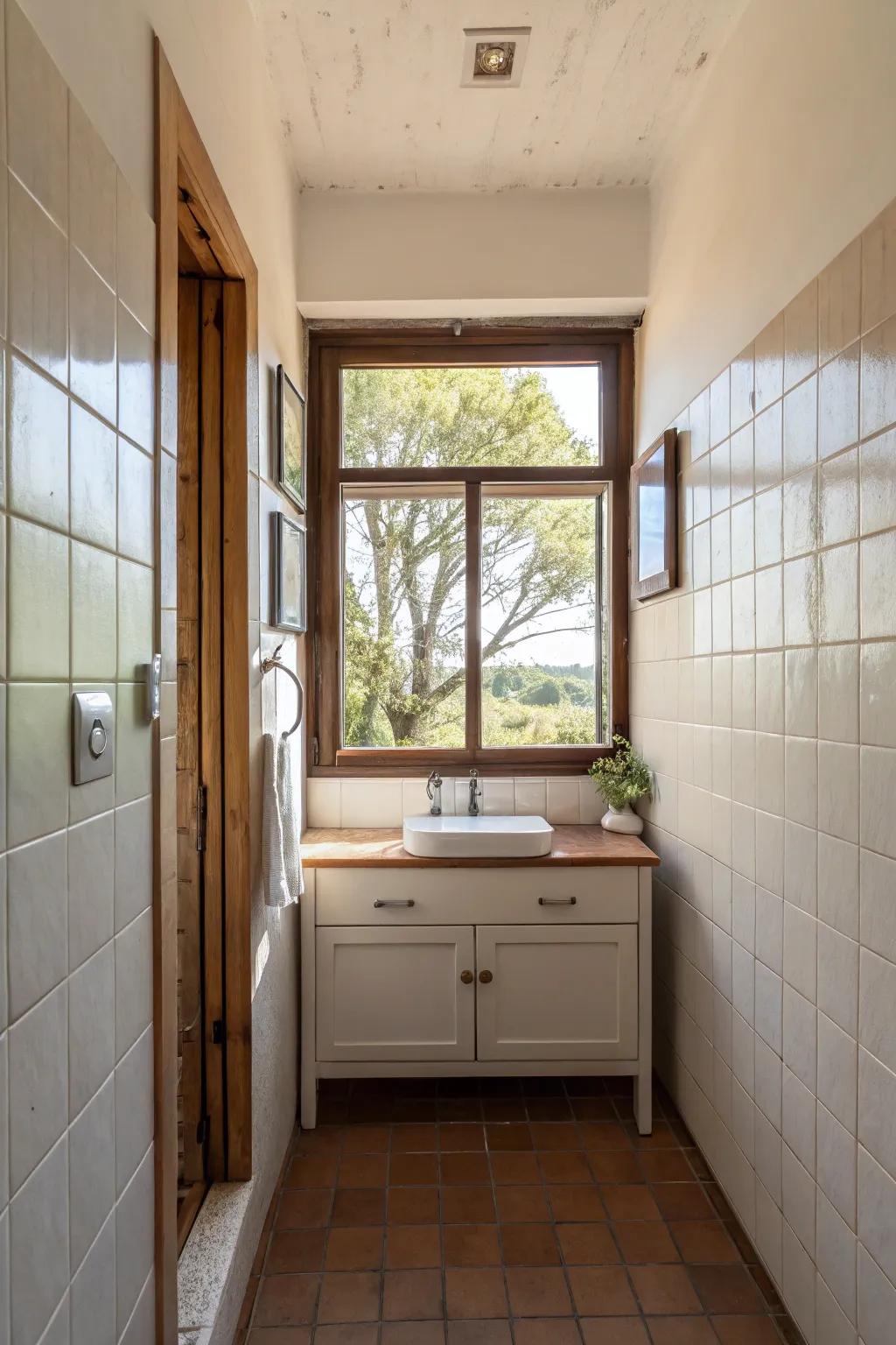 Natural sunlight enhances the warmth and openness of narrow bathrooms.