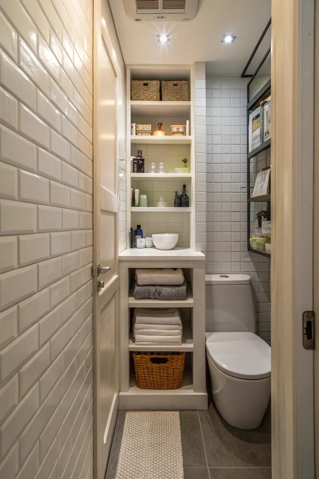 Recessed shelving offers discreet storage in compact bathrooms.