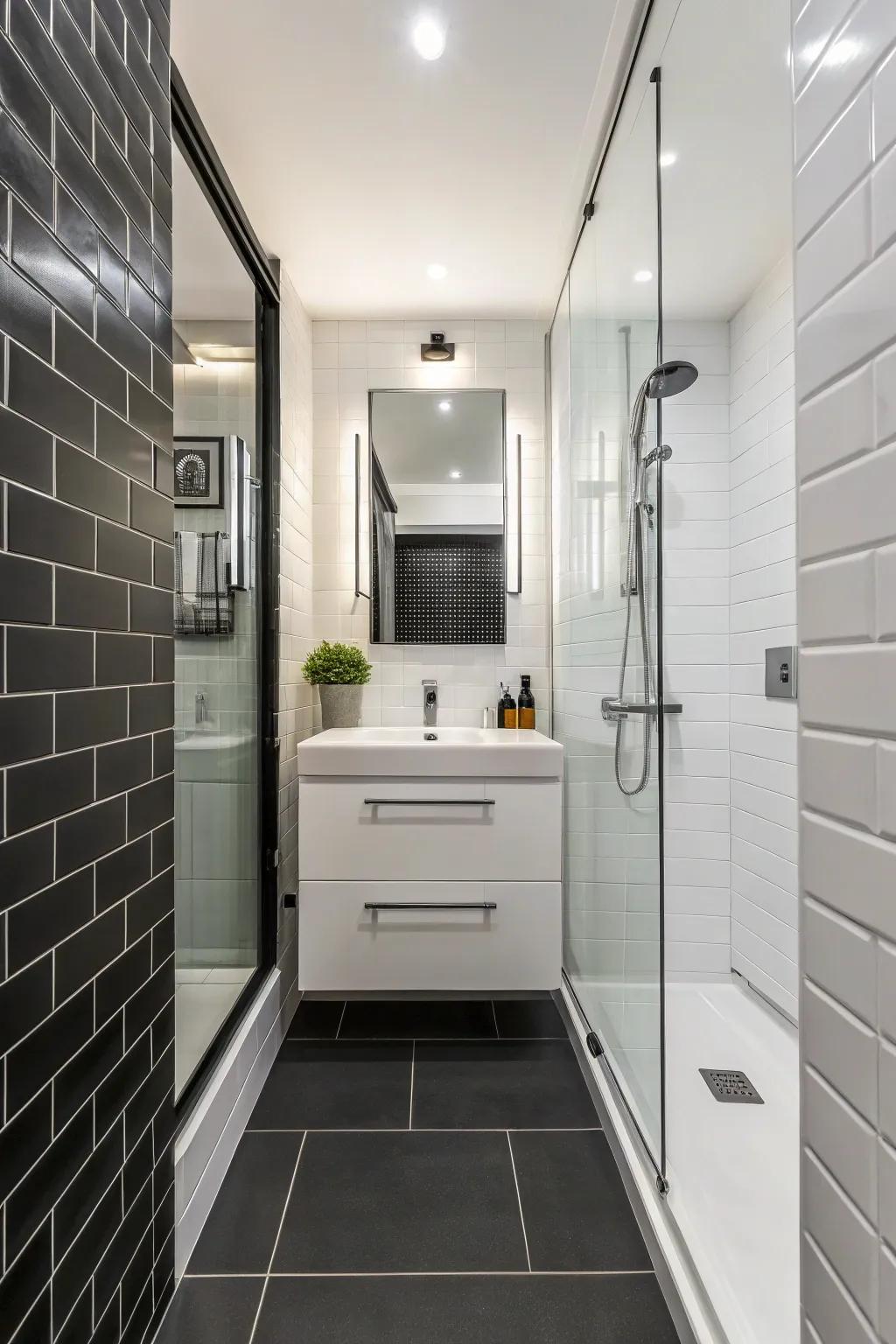High-contrast color schemes add sophistication and depth to small bathrooms.