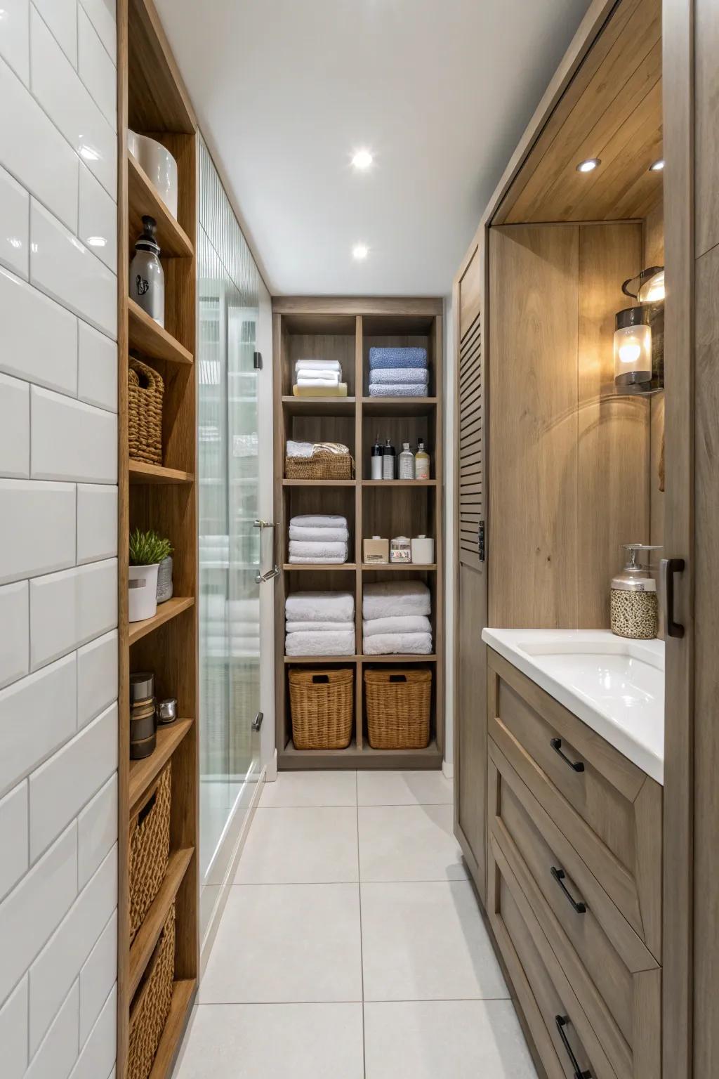 Vertical storage solutions optimize space in narrow bathrooms.
