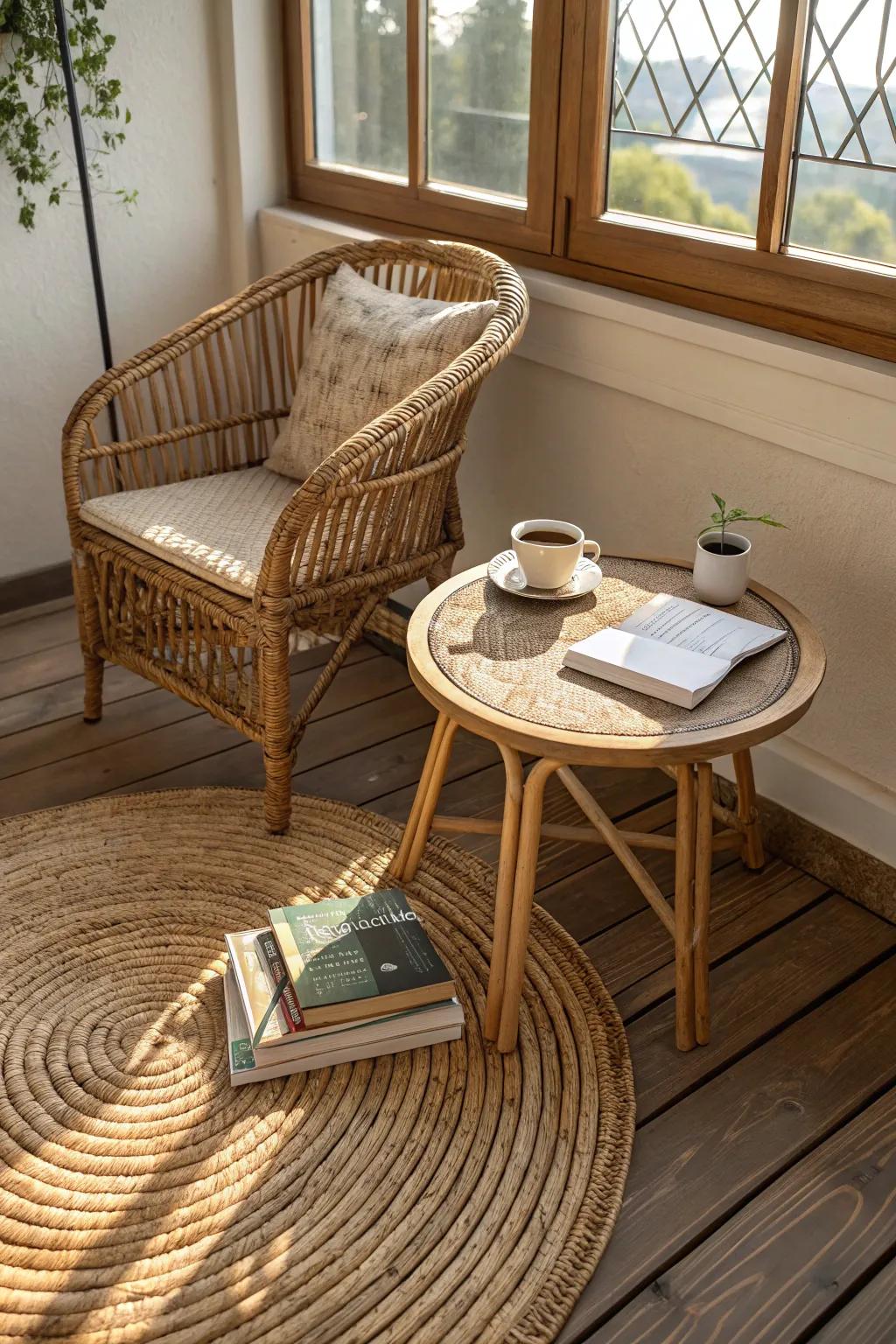 Natural fibers like wicker and wood create a cozy coastal environment.