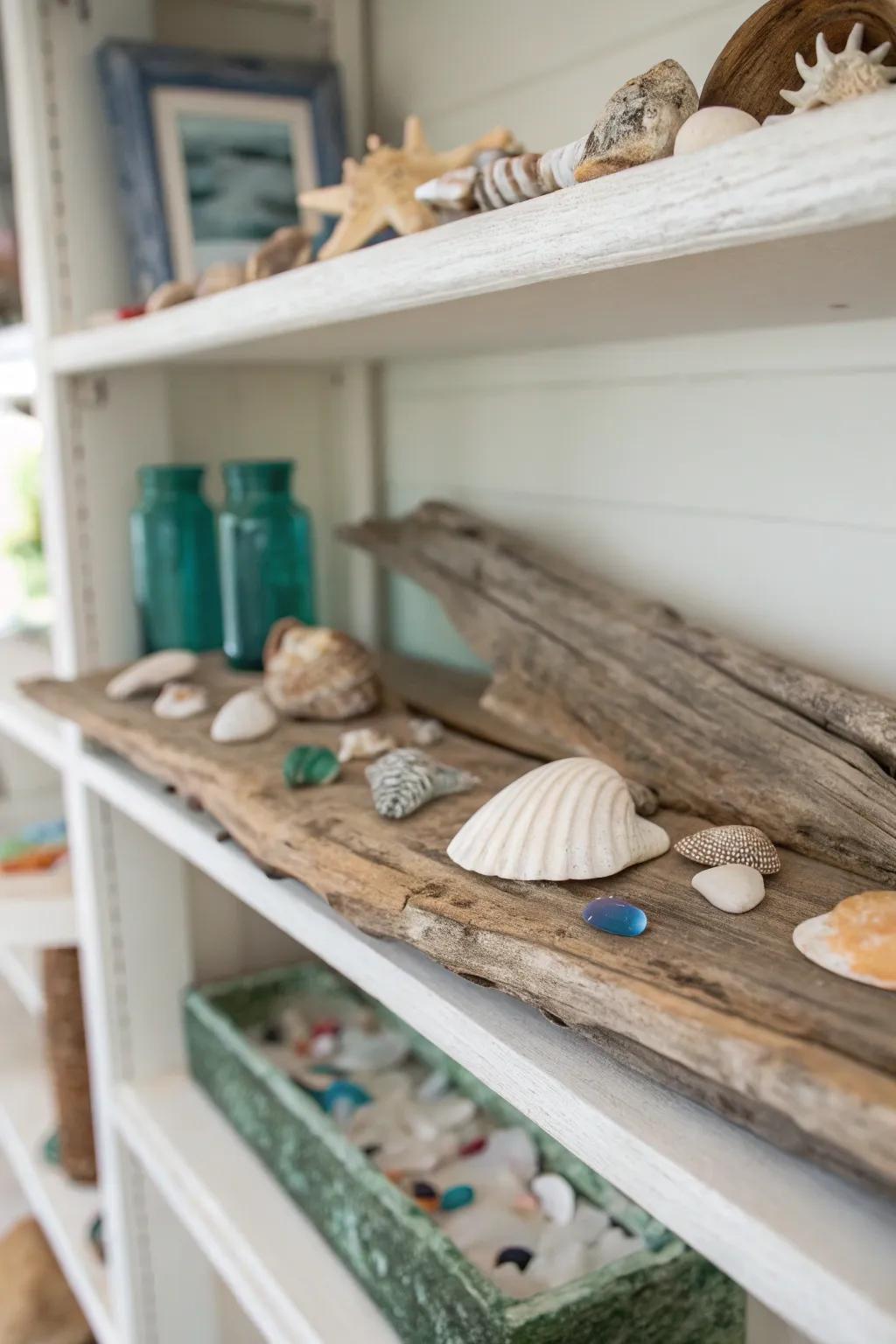 Natural beach finds add authentic coastal character.