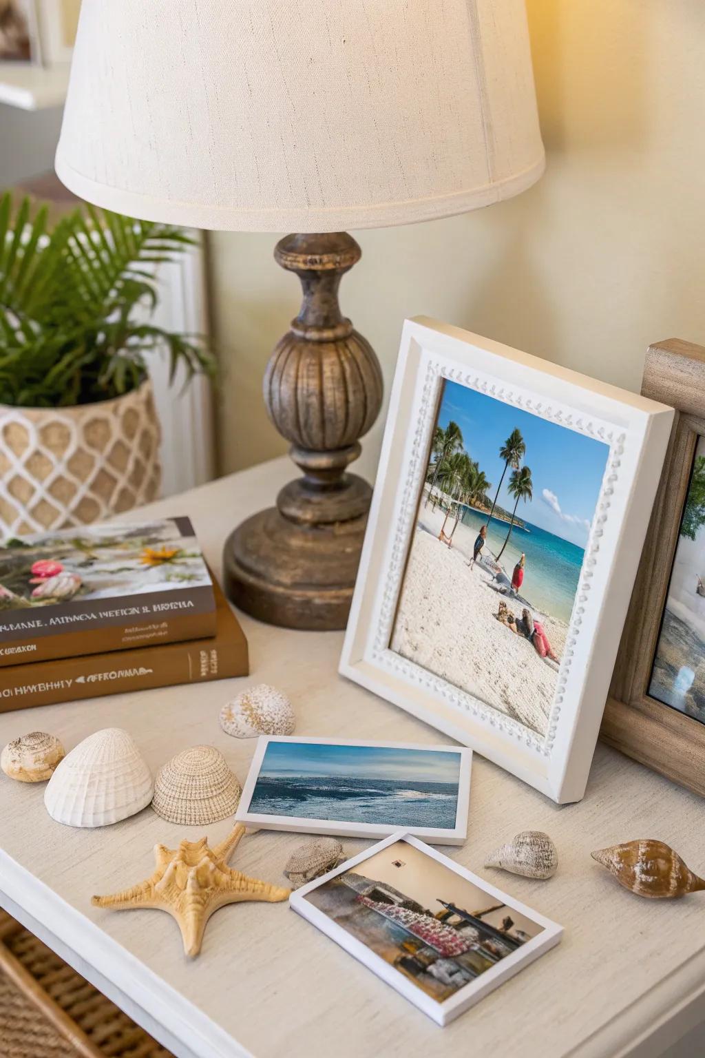 Framed personal photos bring cherished coastal memories to life.