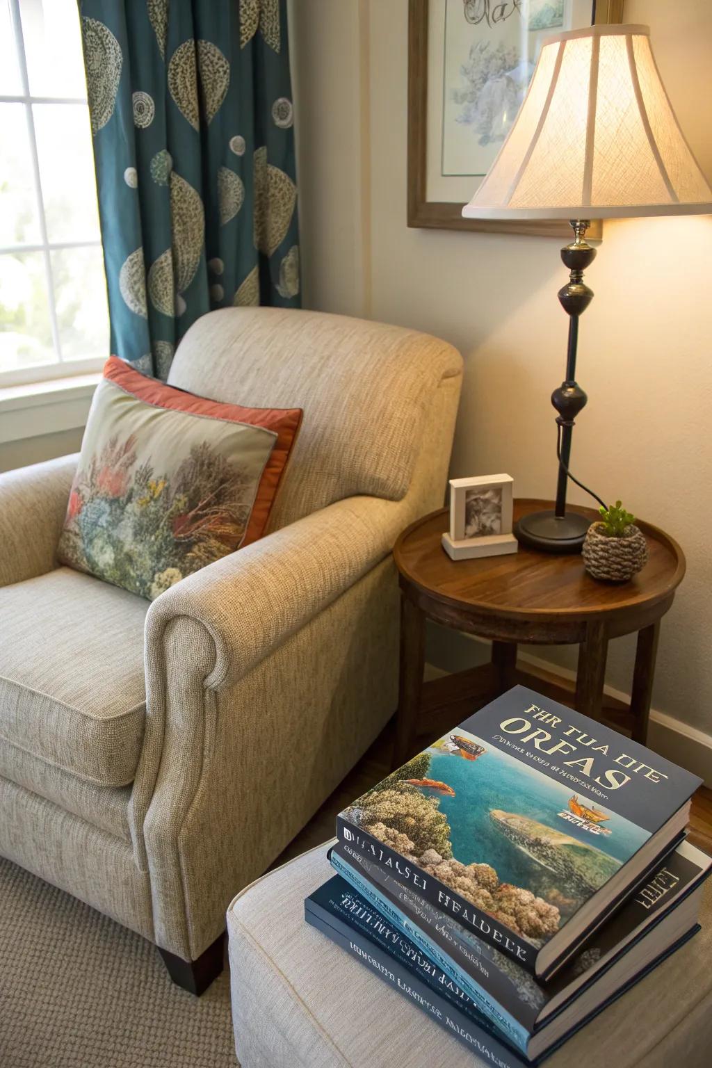 A cozy nook perfect for relaxing with coastal-themed books.