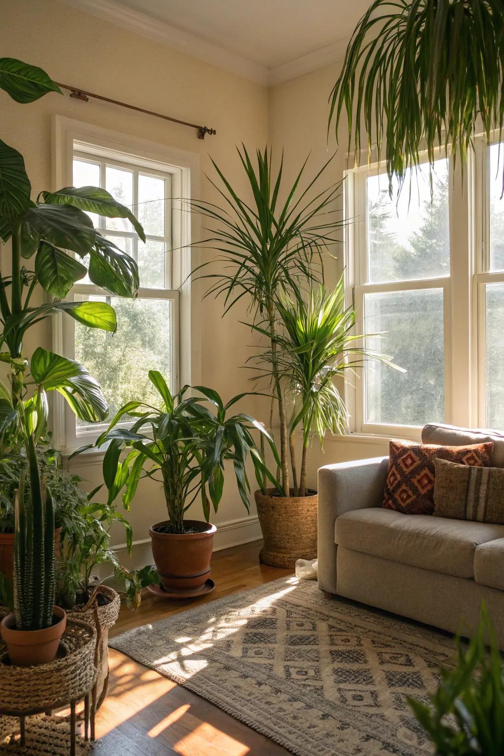 Indoor plants add a vibrant, tropical coastal feel.