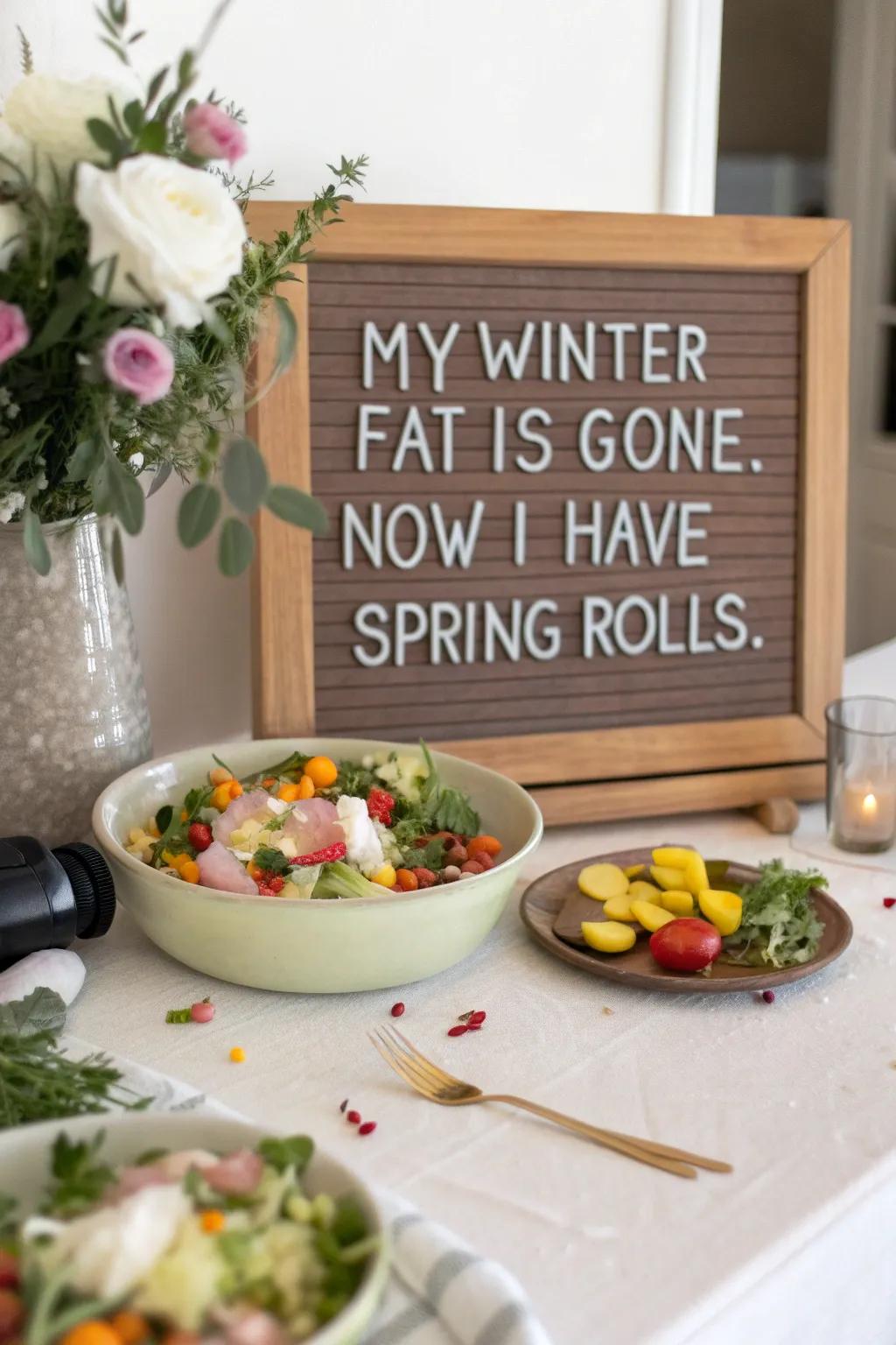 Celebrate lighter spring meals with a humorous twist.